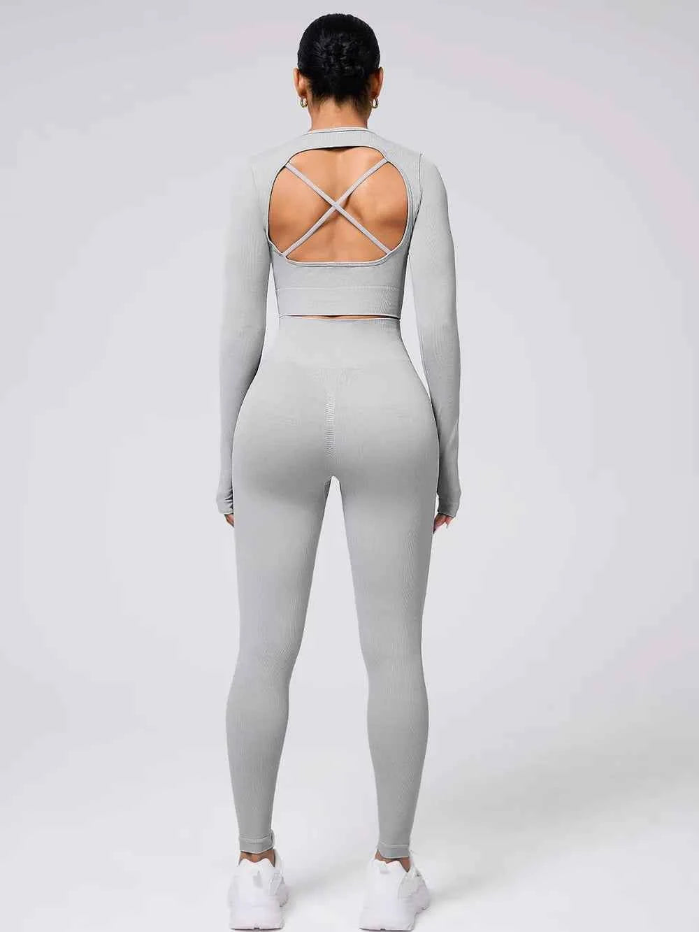 Back Crisscross Round Neck Long Sleeve Top and Leggings Active Set