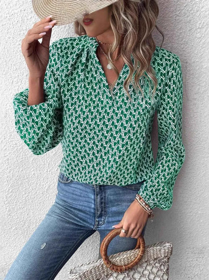 Printed Notched Long Sleeve Blouse