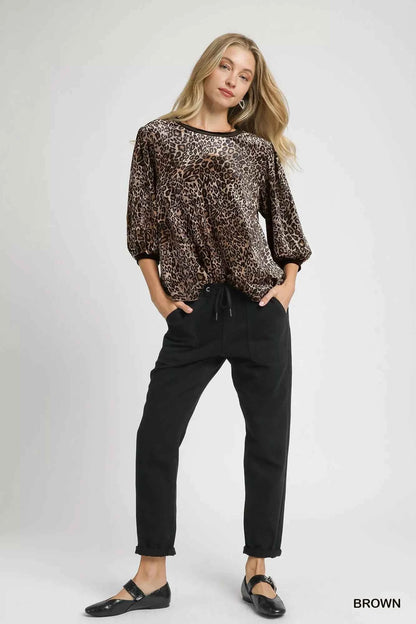 Umgee Leopard Round Neck Three-Quarter Sleeve Blouse