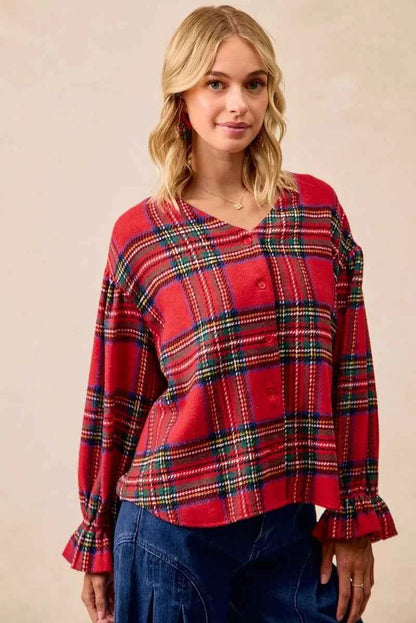 BiBi Christmas Plaid V-Neck Flounce Sleeve Jacket