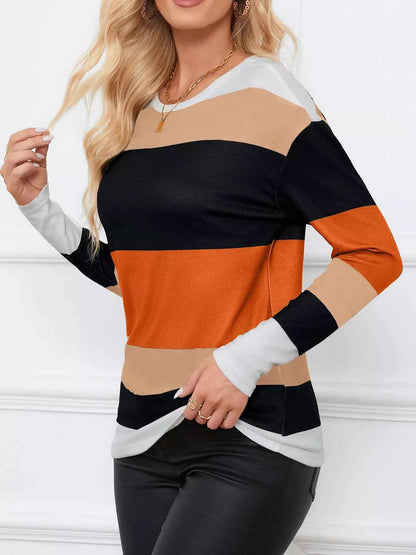 Leopard Color Block Striped Knit Top