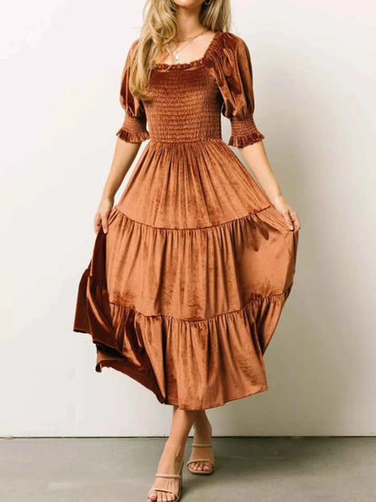 Velvet Smocked Tiered Midi Dress