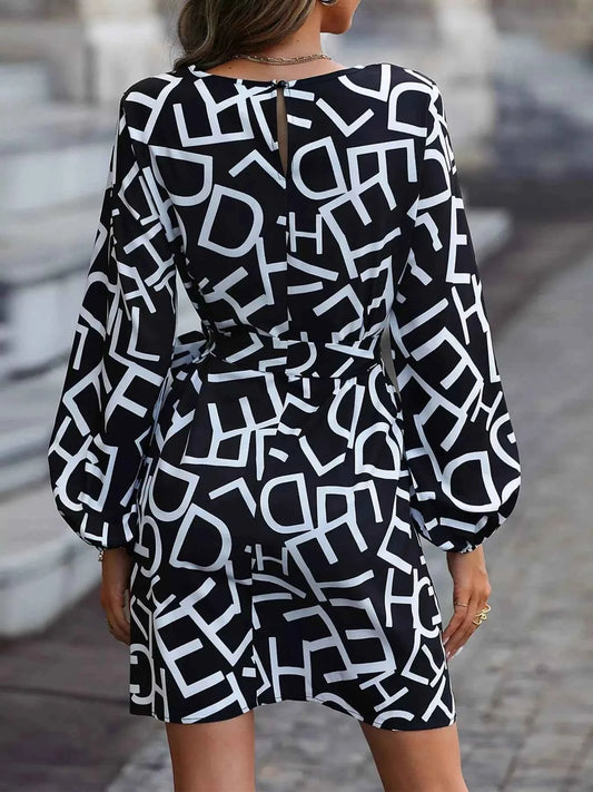 Letter Print Balloon Sleeve Dress