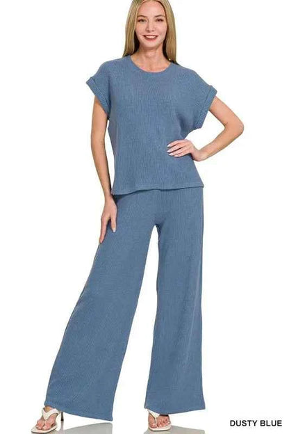 Zenana Rolled Sleeve Top and Pants Sweater Set