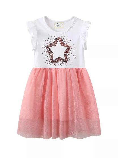 Children's Star Sequin Tulle Ruffled Sleeveless Dress