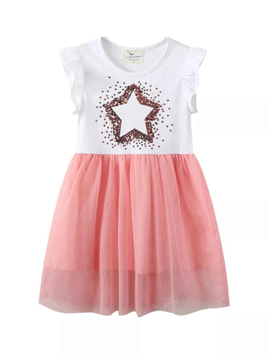 Children's Star Sequin Tulle Ruffled Sleeveless Dress