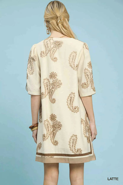 Umgee Embroidered Split Neck Shift Dress