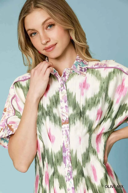 Umgee Ethnic Print Short Sleeve Mini Shirt Dress