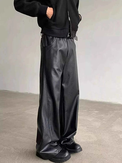 Men's Full Size Leather Wide-Leg Pants Plus Size