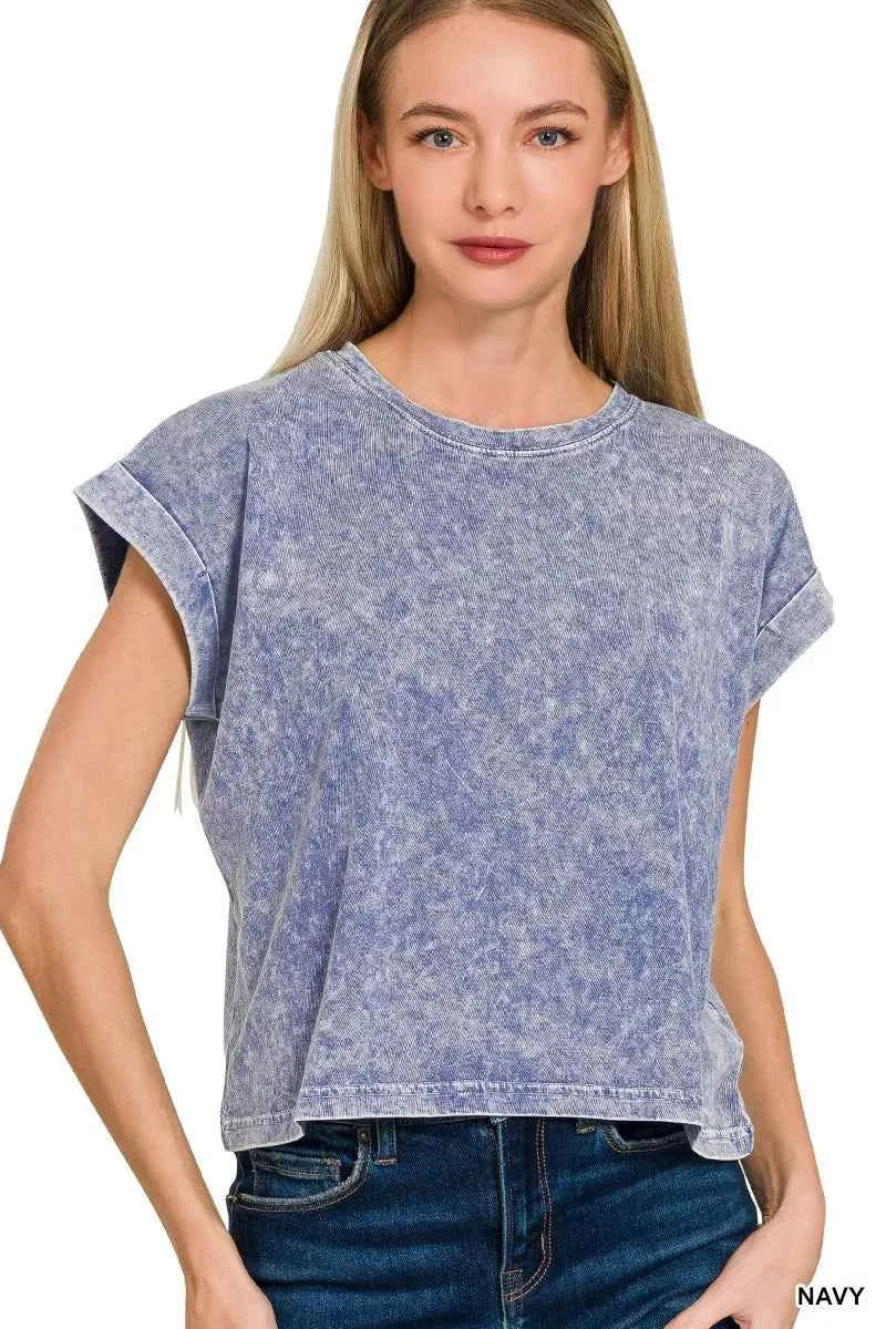 Zenana Halo Washed Cotton Cuffed Short Sleeve Top