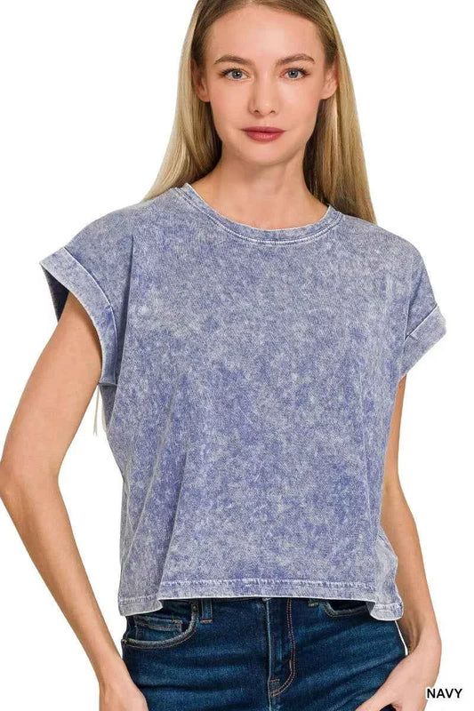 Zenana Halo Washed Cotton Cuffed Short Sleeve Top