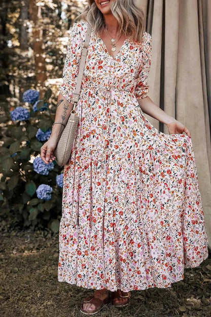 Boho Half Sleeve Floral V Neck Maxi Dress