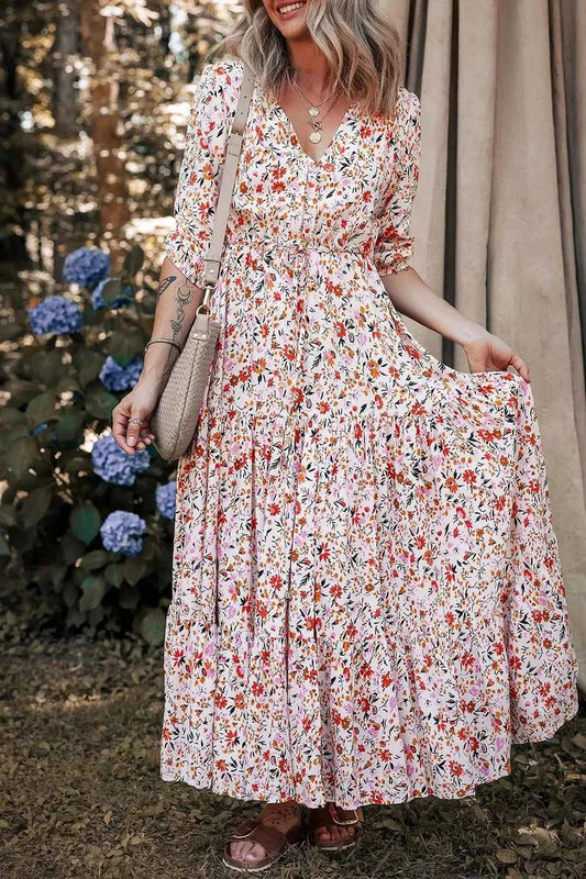 Boho Half Sleeve Floral V Neck Maxi Dress