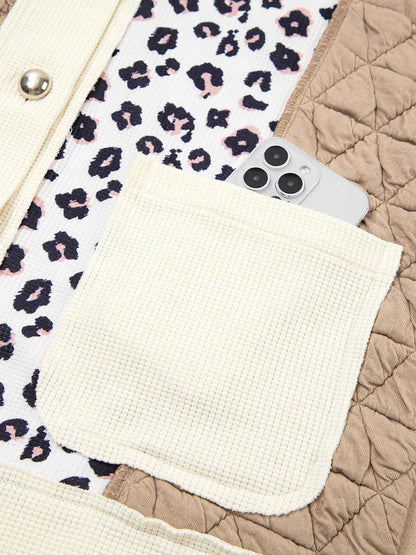 Leopard Waffle Quilted Patchwork Button Front Jacket