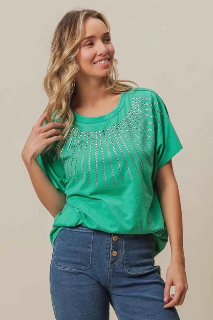 BiBi Rhinestone Beaded Short Sleeve Top