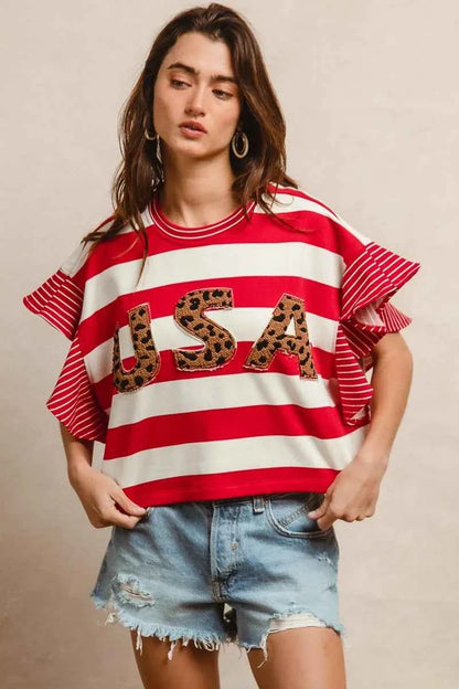 BiBi Stripe Mixed Ruffle Sleeve Top With Leopard Letter