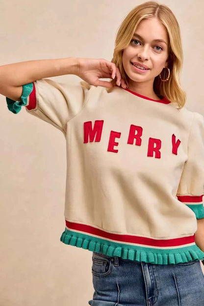 BiBi Christmas Merry Letter Patches Contrast Banded Top