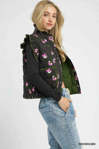 Umgee Ruffled Quilted Floral Snap Down Vest