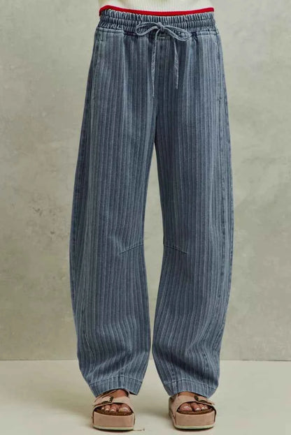 SO ME Stripe Denim Barrel Jeans Drawstring Waistband
