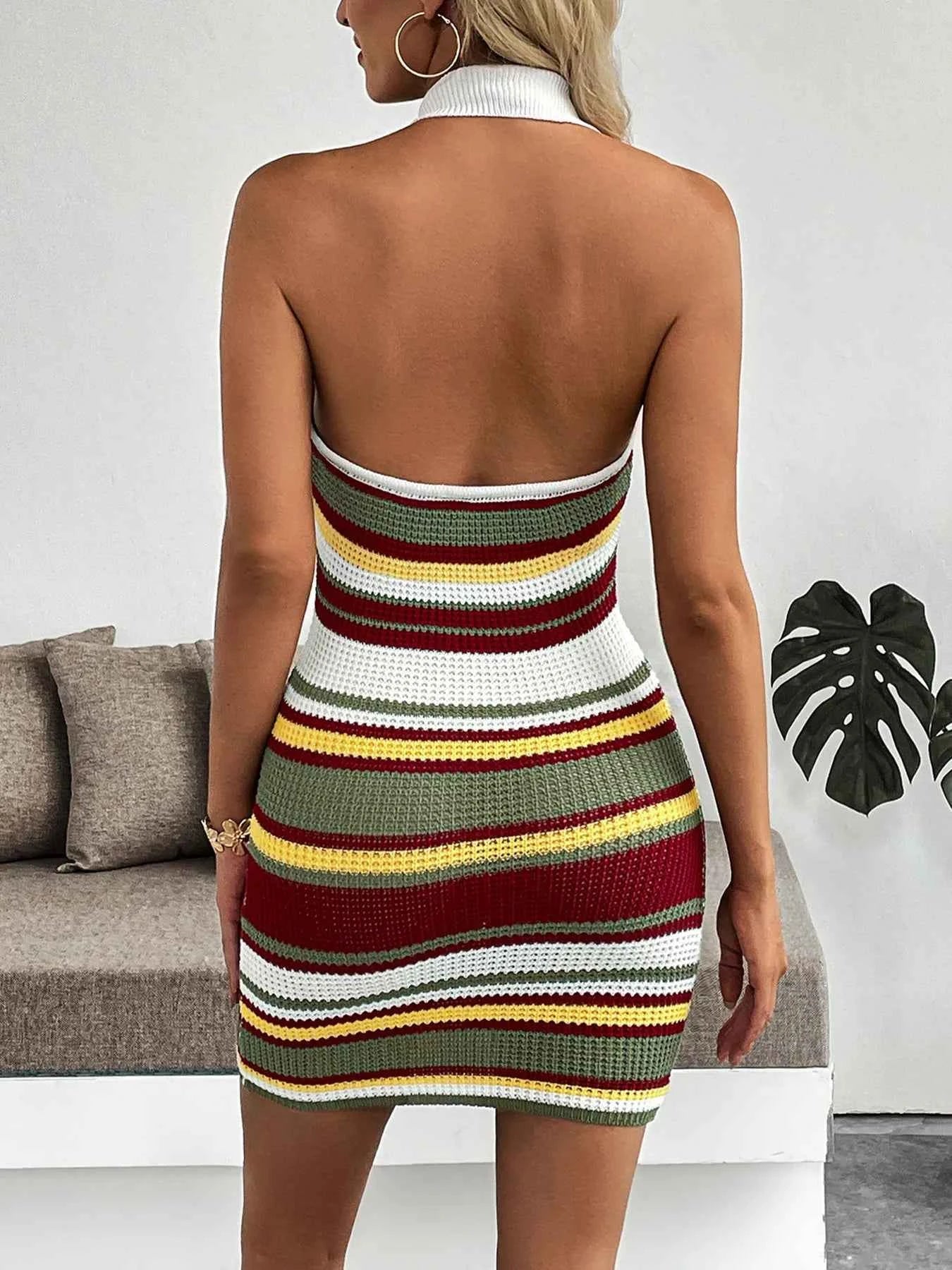 Multi-Color Striped Halter Neck Knit Sweater Dress