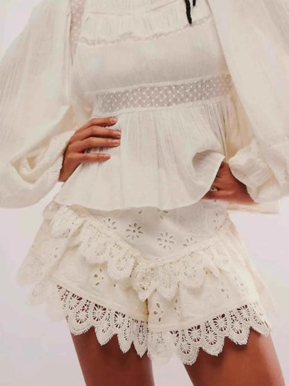 Lace Eyelet Ruffle Hem Shorts