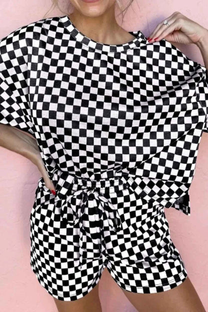 Checkered Round Neck Top and Shorts Set