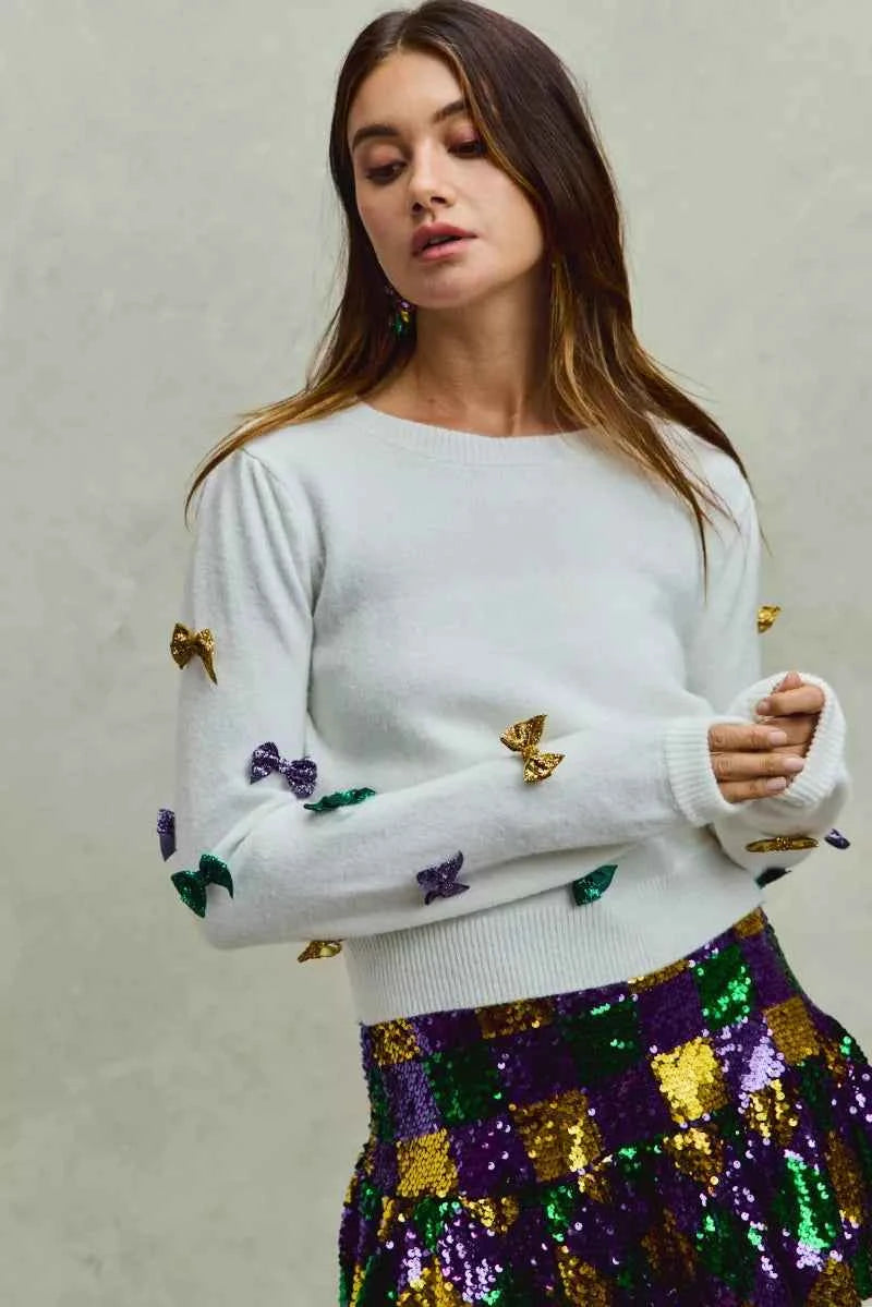 SO ME Mardi Gras Glitter Bow Ribbon Sweater Knit Top