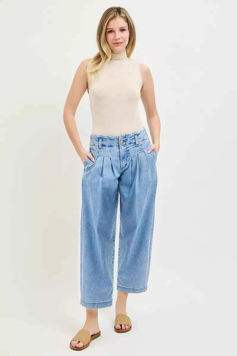 RISEN Slouchy Crop Barrel Pleated Jeans