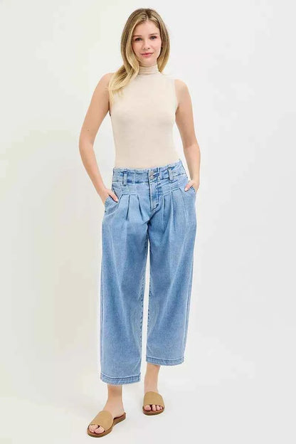 RISEN Slouchy Crop Barrel Pleated Jeans