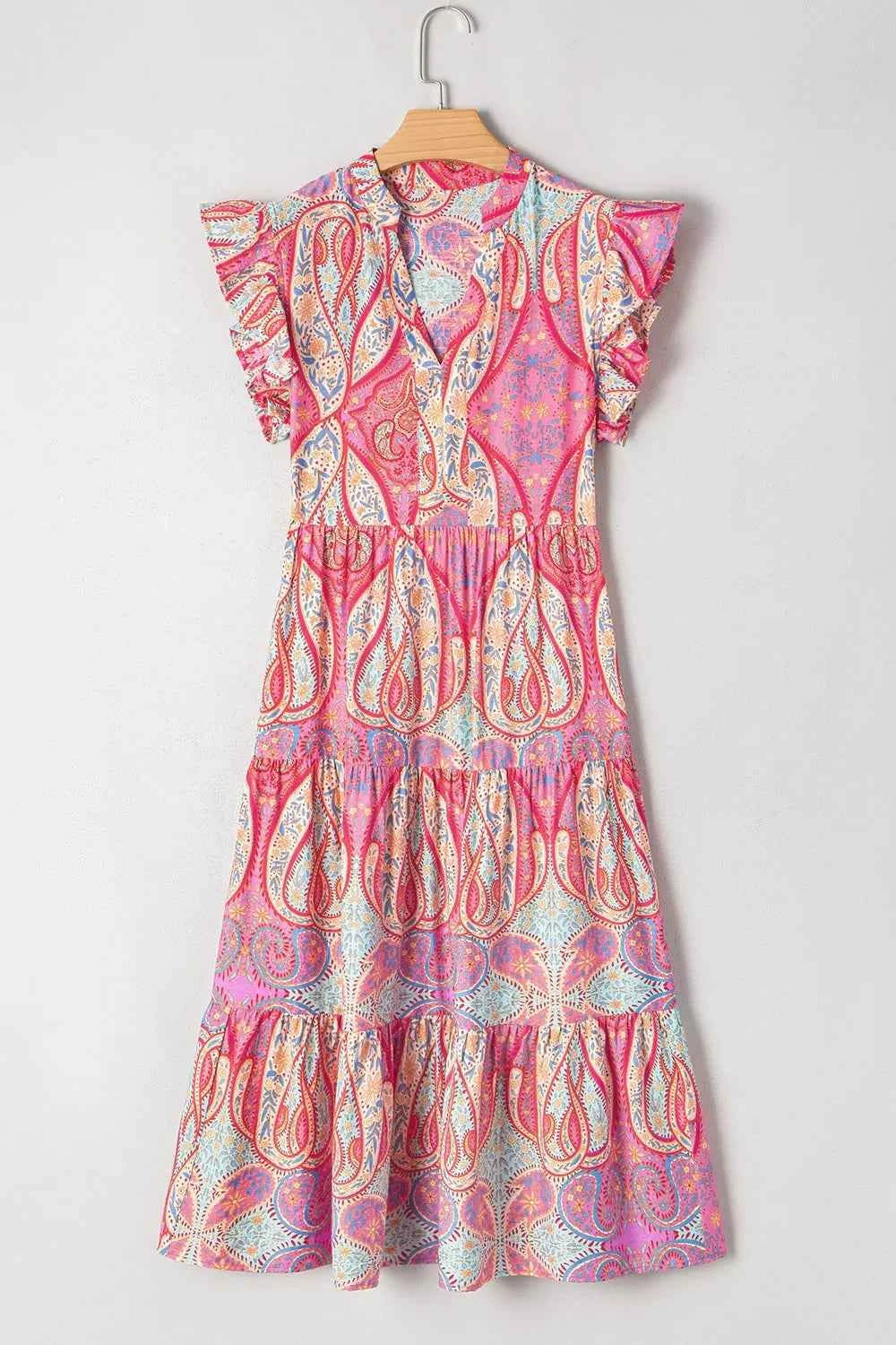 Tribal Paisley Print Ruffled Sleeve Notch Neck Midi Dress