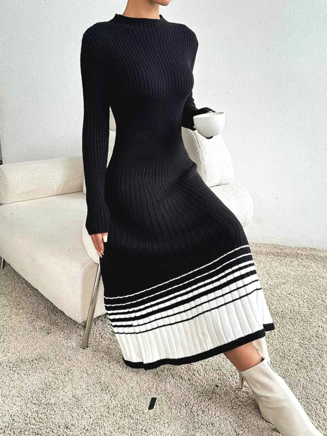 Ribbed Knit Sweater Dress with Striped Hem