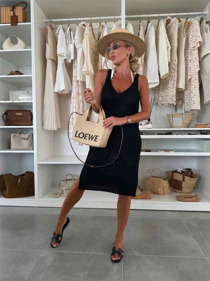 Ribbed Hem V-Neck Sweater Dress