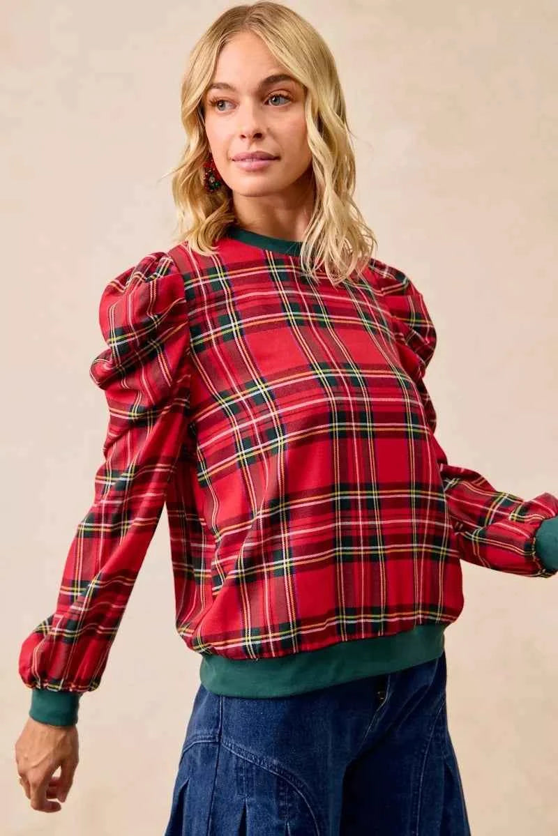 BiBi Christmas Plaid Exaggerated Shoulder Sleeves Top