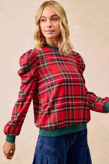 BiBi Christmas Plaid Exaggerated Shoulder Sleeves Top