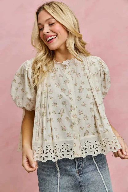 SO ME Floral Print Lace Trim Short Sleeves Blouse