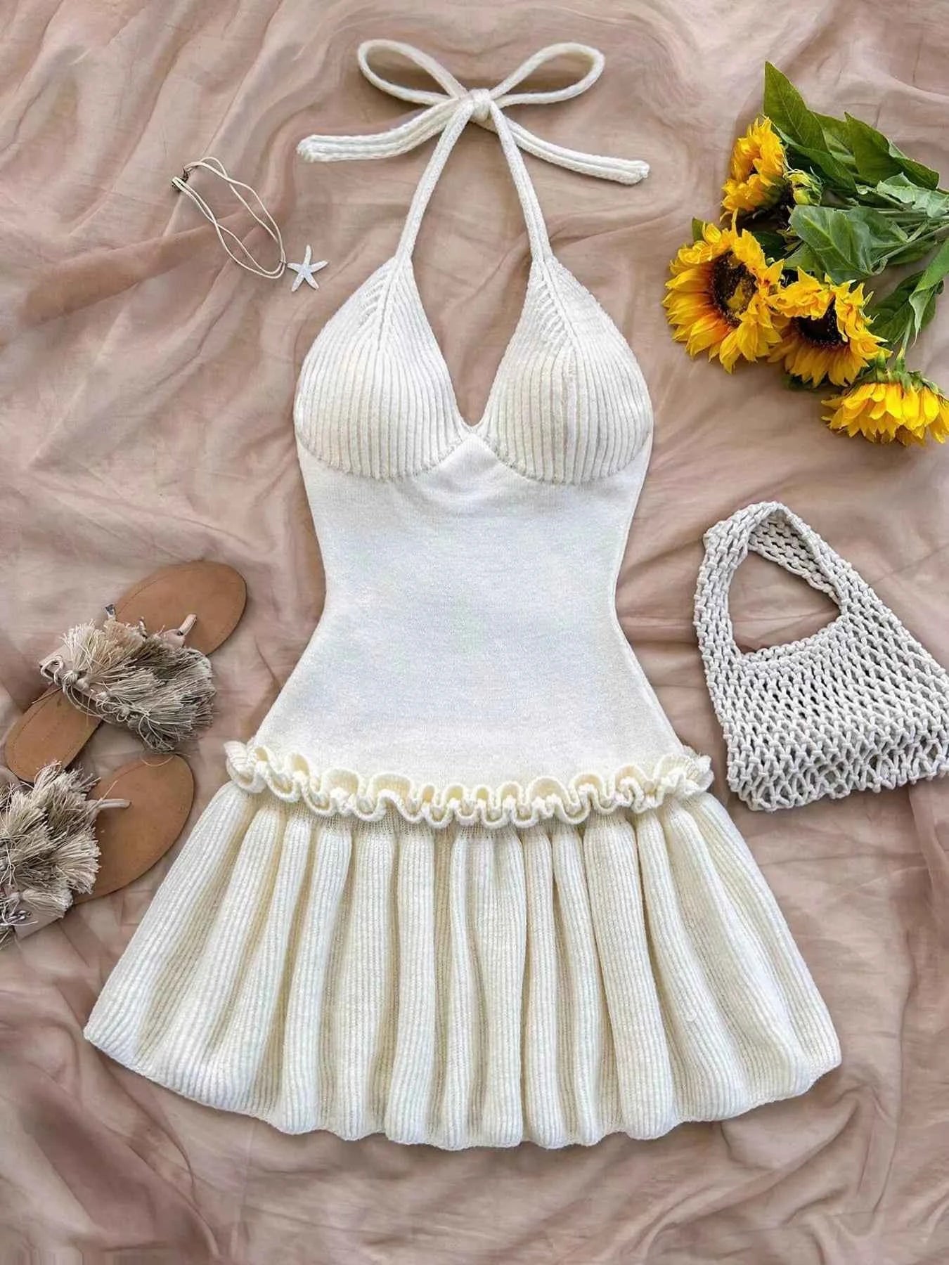 Halter Neck Ruffle Hem Knit Sweater Dress