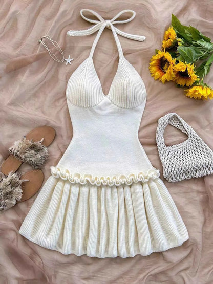 Halter Neck Ruffle Hem Knit Sweater Dress