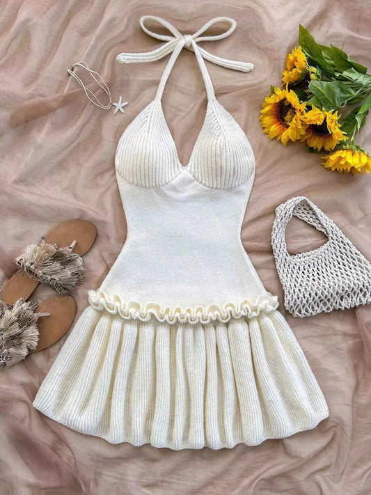 Halter Neck Ruffle Hem Knit Sweater Dress