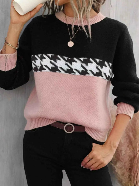 Color Block Houndstooth Sweater