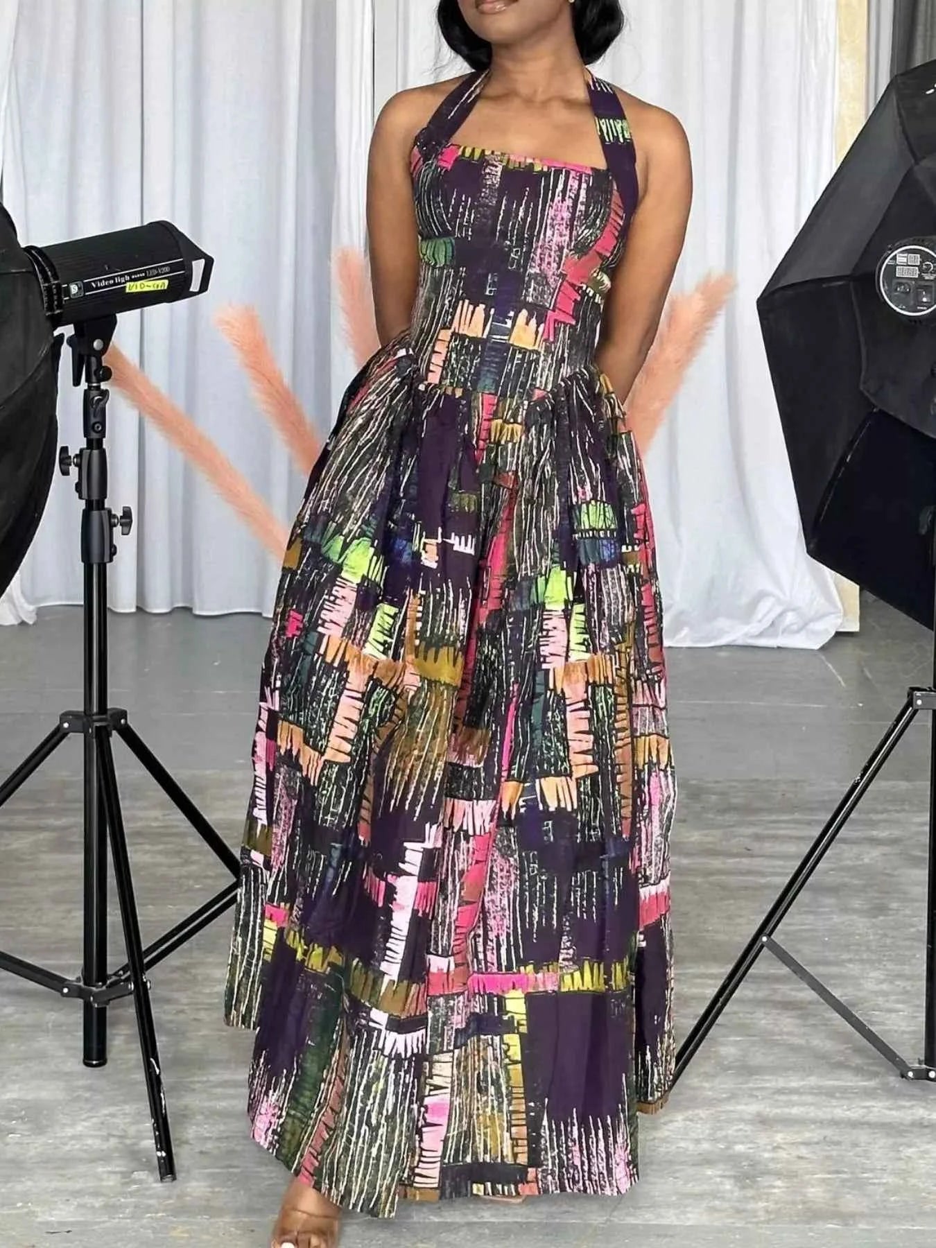 Full Size Abstract Print Halter Neck Maxi Dress Plus Size