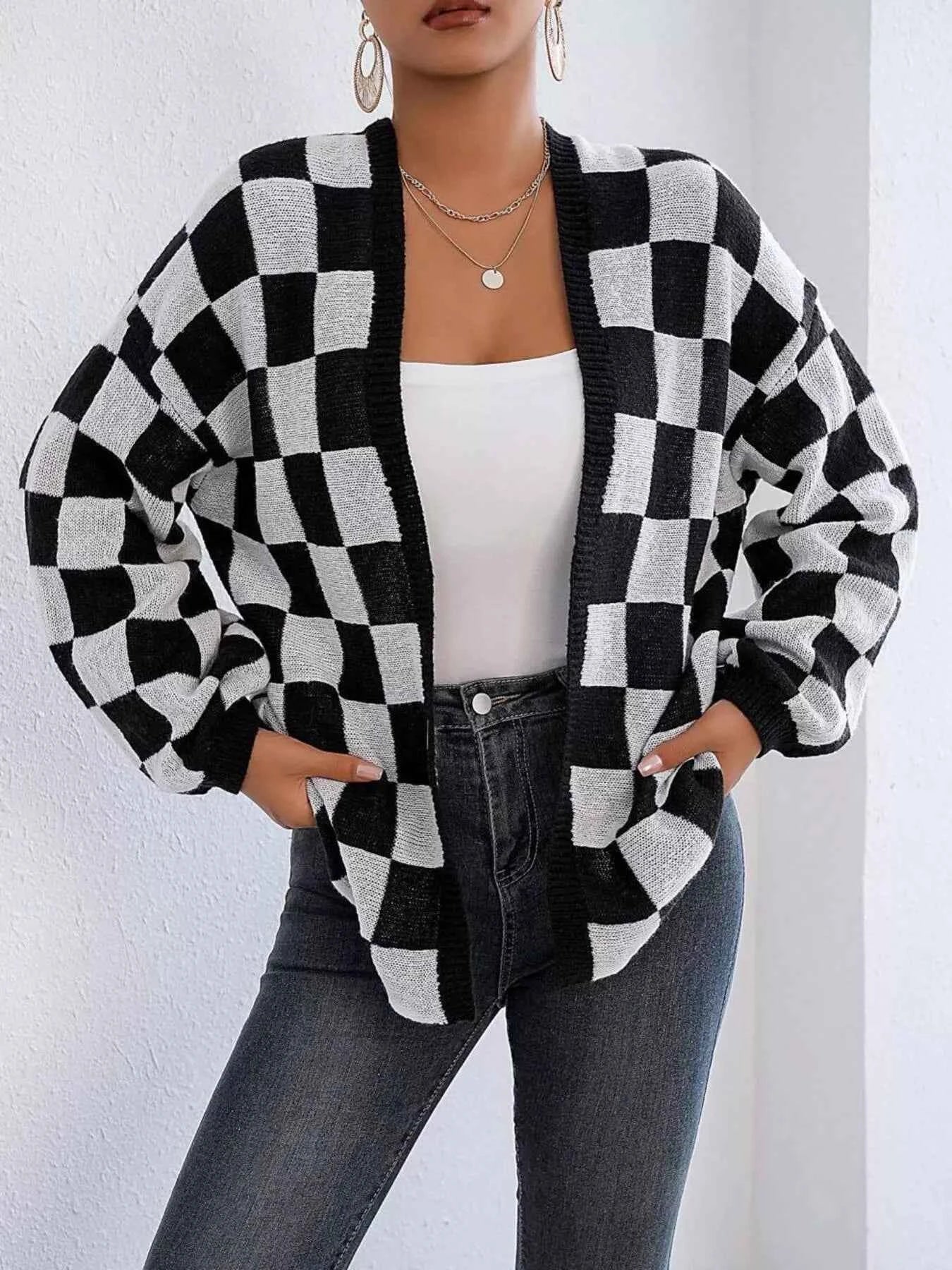 Checkerboard Pattern Open Front Knit Cardigan