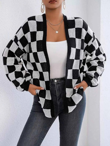 Checkerboard Pattern Open Front Knit Cardigan
