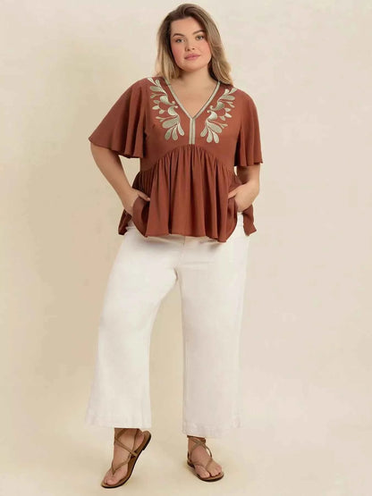 Plus Size Embroidered V-Neck Flutter Sleeve Blouse