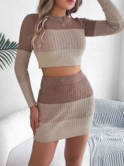 Color Block Ribbed Knit Top and Skirt Sweater Set