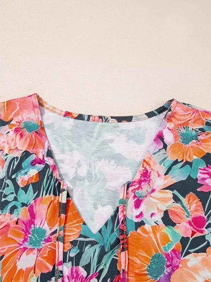 Floral 3/4 Flare Sleeve Tied Neck Blouse