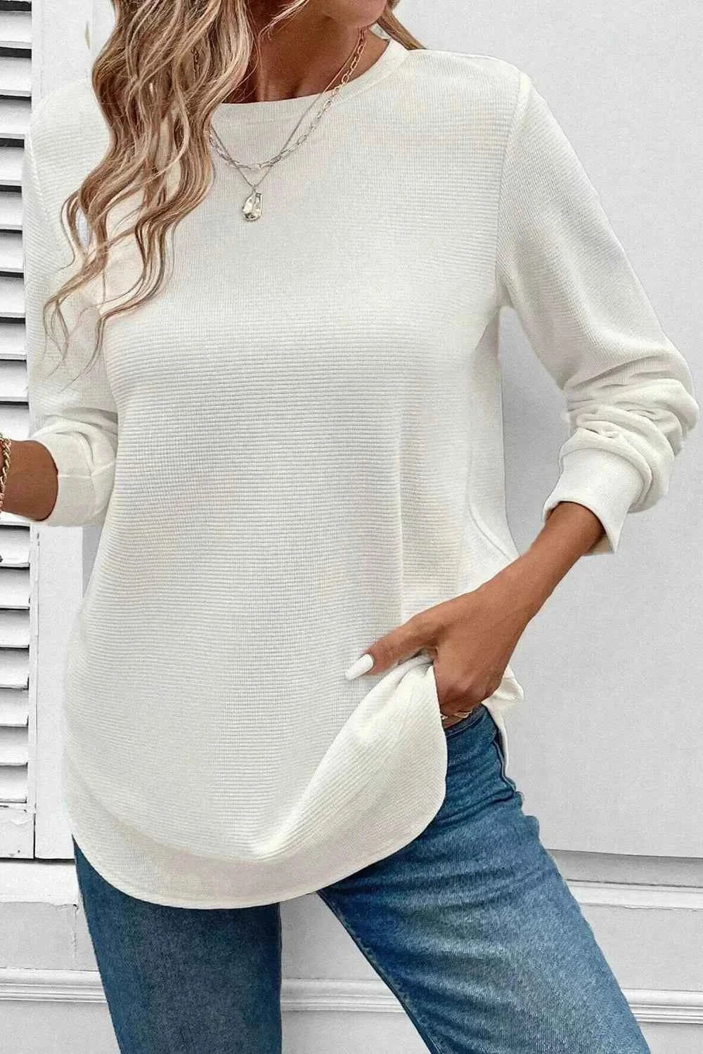 Rounded Neck Waffle Long Sleeve Top