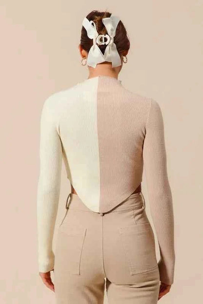 SO ME Color Block Fitted Crop Sweater Top