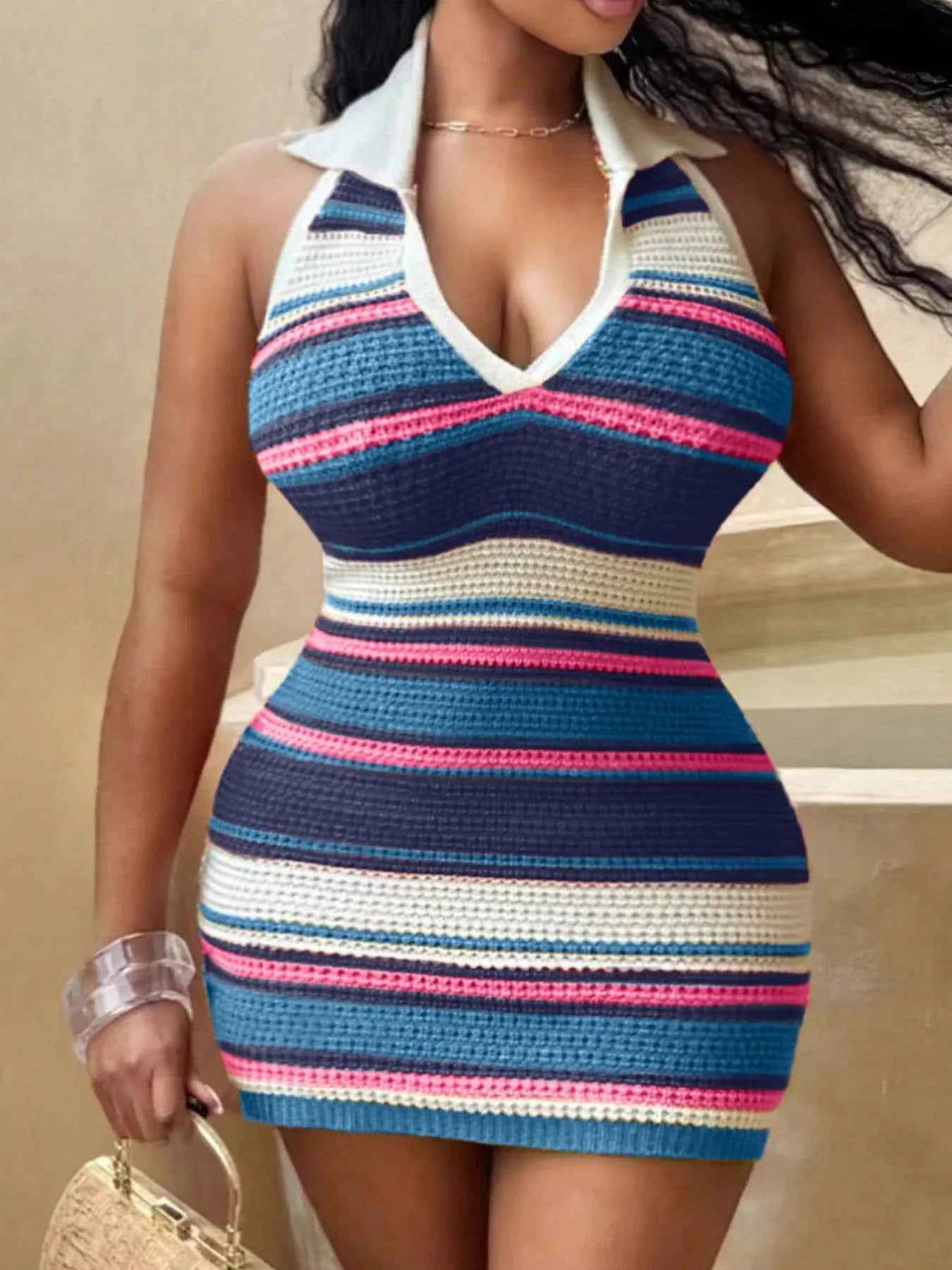 Striped Halter Neck Knit Mini Dress