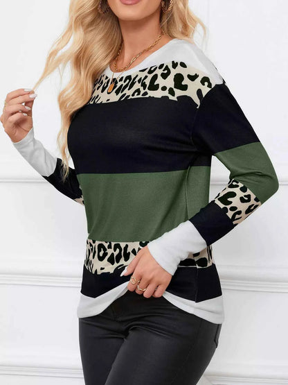 Leopard Color Block Striped Knit Top