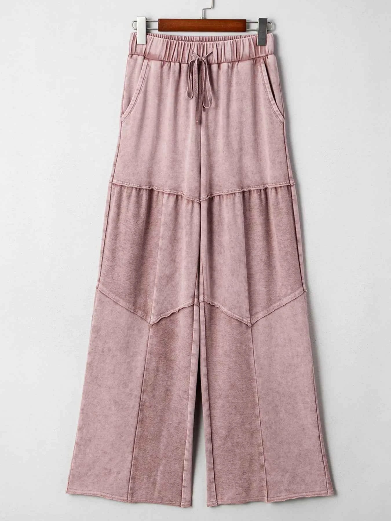 Mineral Wash Tiered Wide Leg Patchwork Drawstring Pants